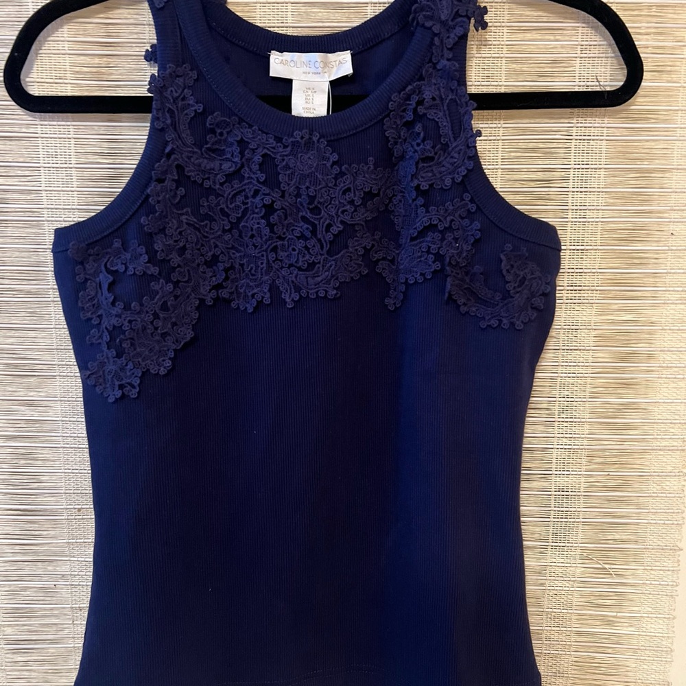 Caroline Constas Beautiful & Elegant Navy Blue Lace-Embellished Top Sz. S - Picture 13 of 14